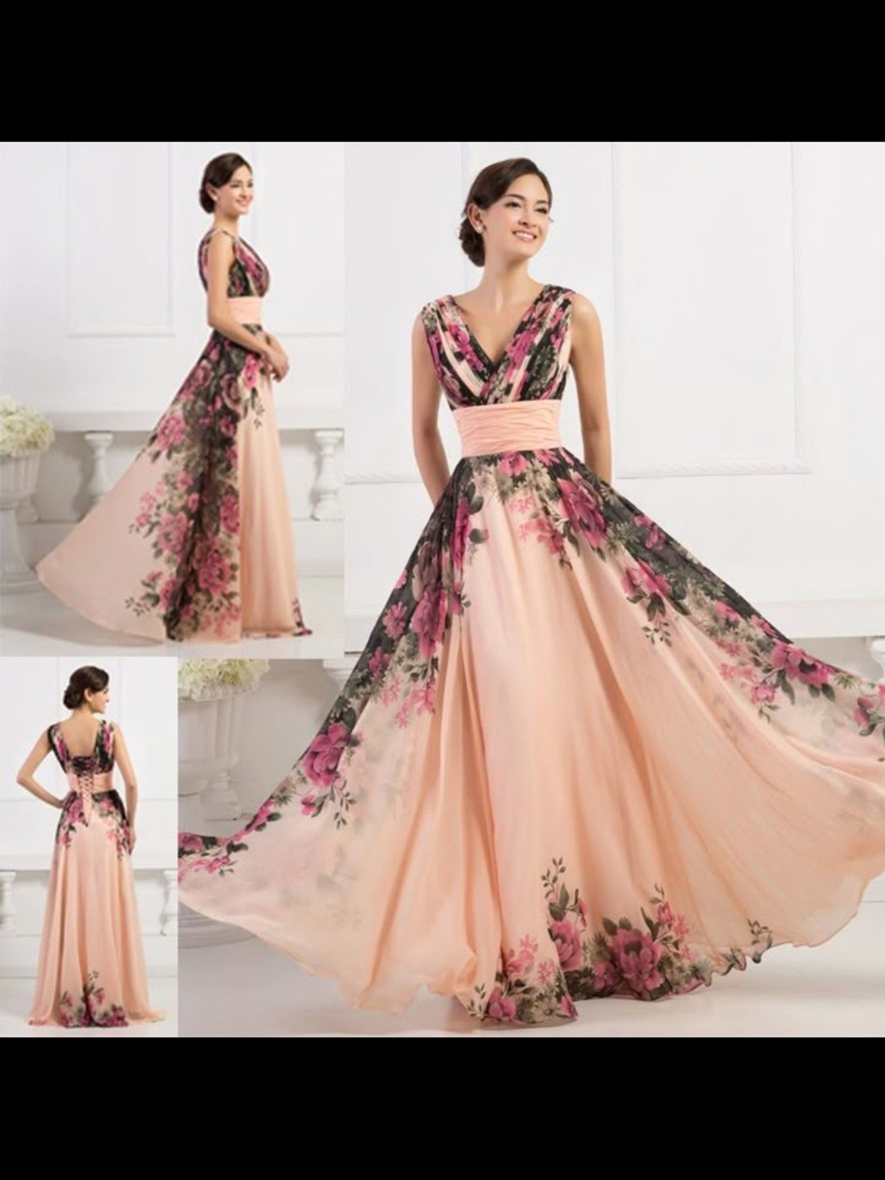 Grace Karin Pink Peach Floral V-Neck Maxi Gown